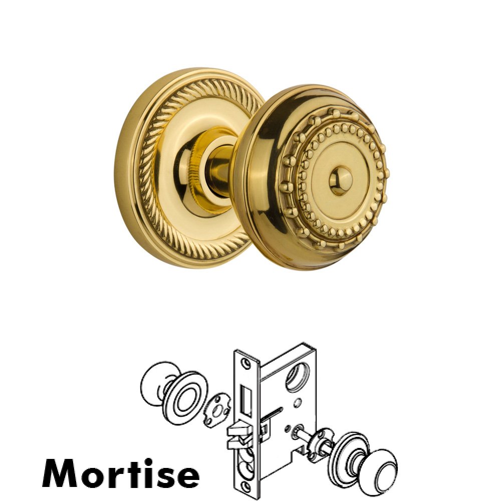Complete Mortise Lockset - Rope Rosette with Meadows Knob in Polished Brass