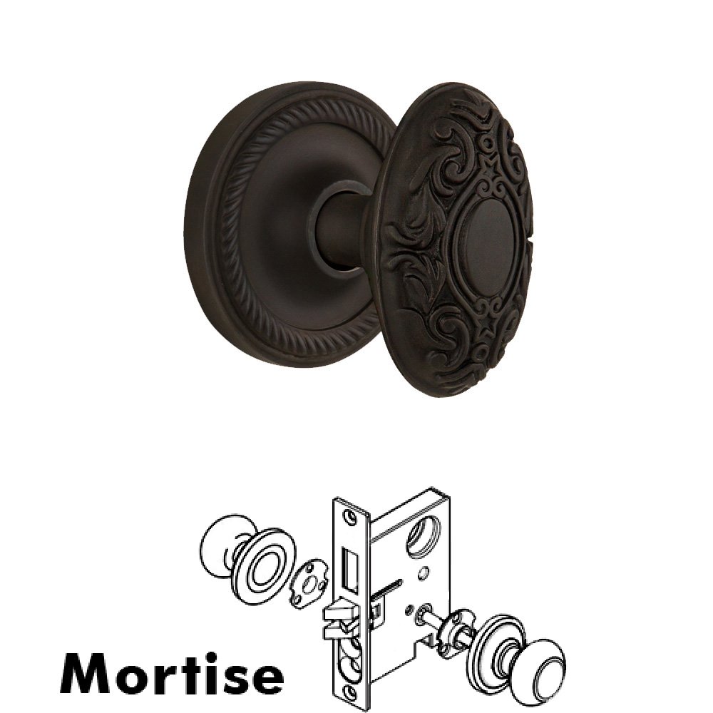 Complete Mortise Lockset - Rope Rosette with Victorian Knob in Oil Rubbed Bronze