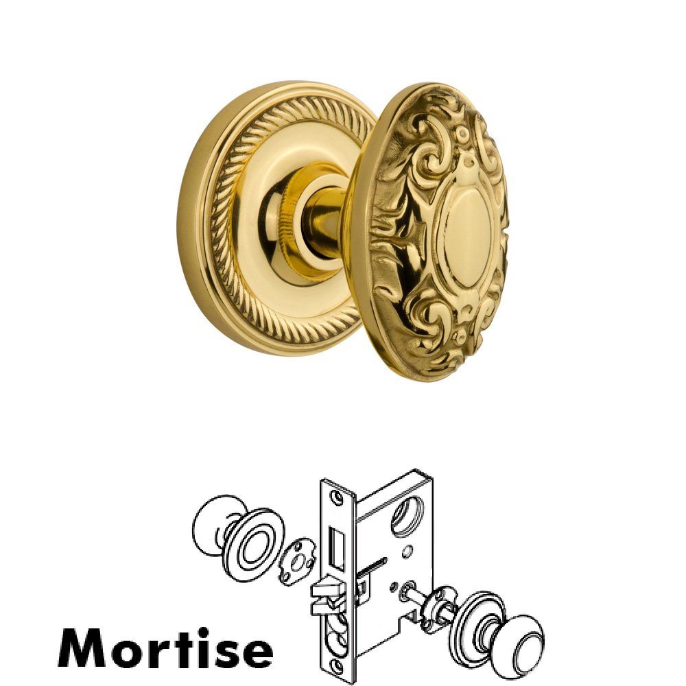 Complete Mortise Lockset - Rope Rosette with Victorian Knob in Polished Brass