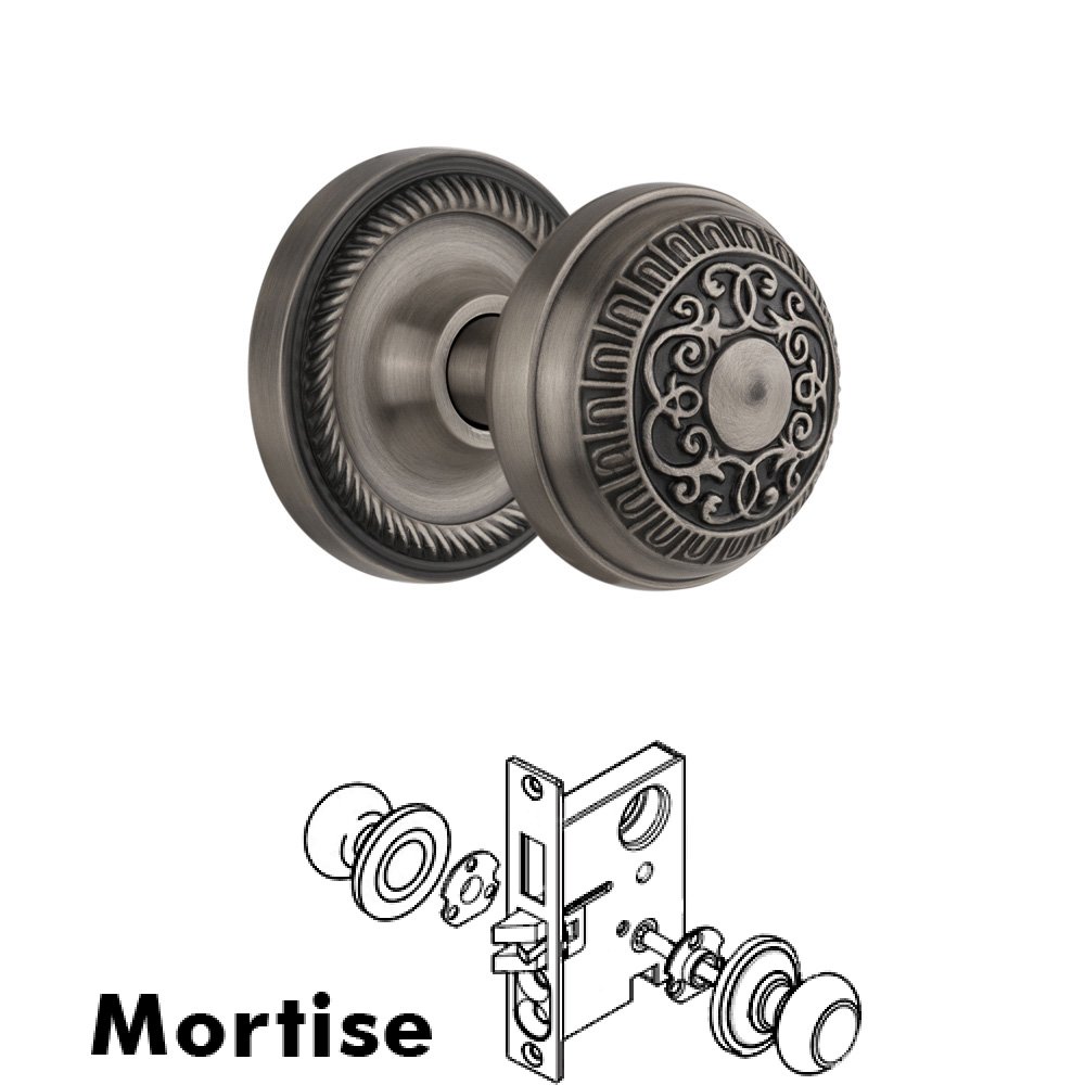 Complete Mortise Lockset - Rope Rosette with Egg & Dart Knob in Antique Pewter