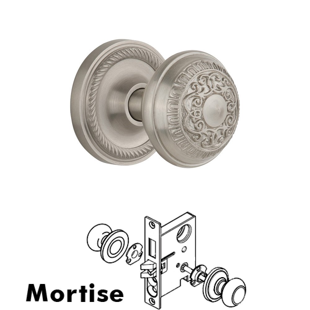 Complete Mortise Lockset - Rope Rosette with Egg & Dart Knob in Satin Nickel