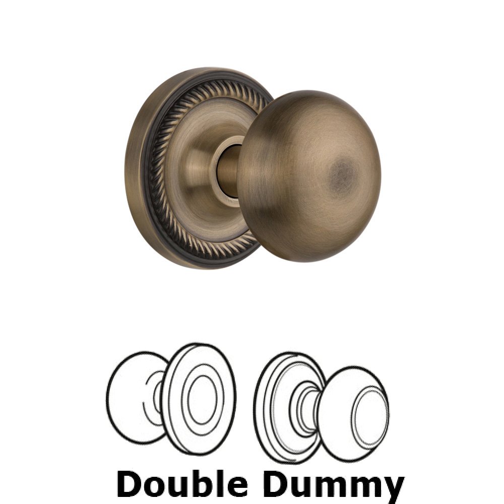 Double Dummy Set Without Keyhole - Rope Rosette with New York Knob in Antique Brass