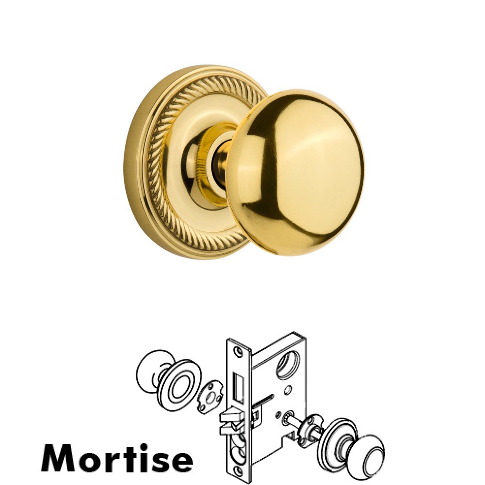 Complete Mortise Lockset - Rope Rosette with New York Knob in Polished Brass