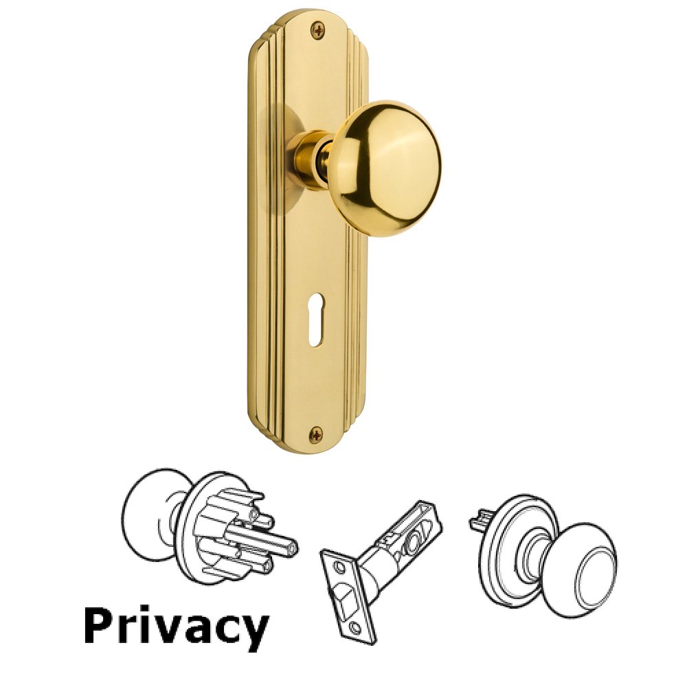 Complete Privacy Set With Keyhole - Deco Plate with New York Knob in Polished Brass