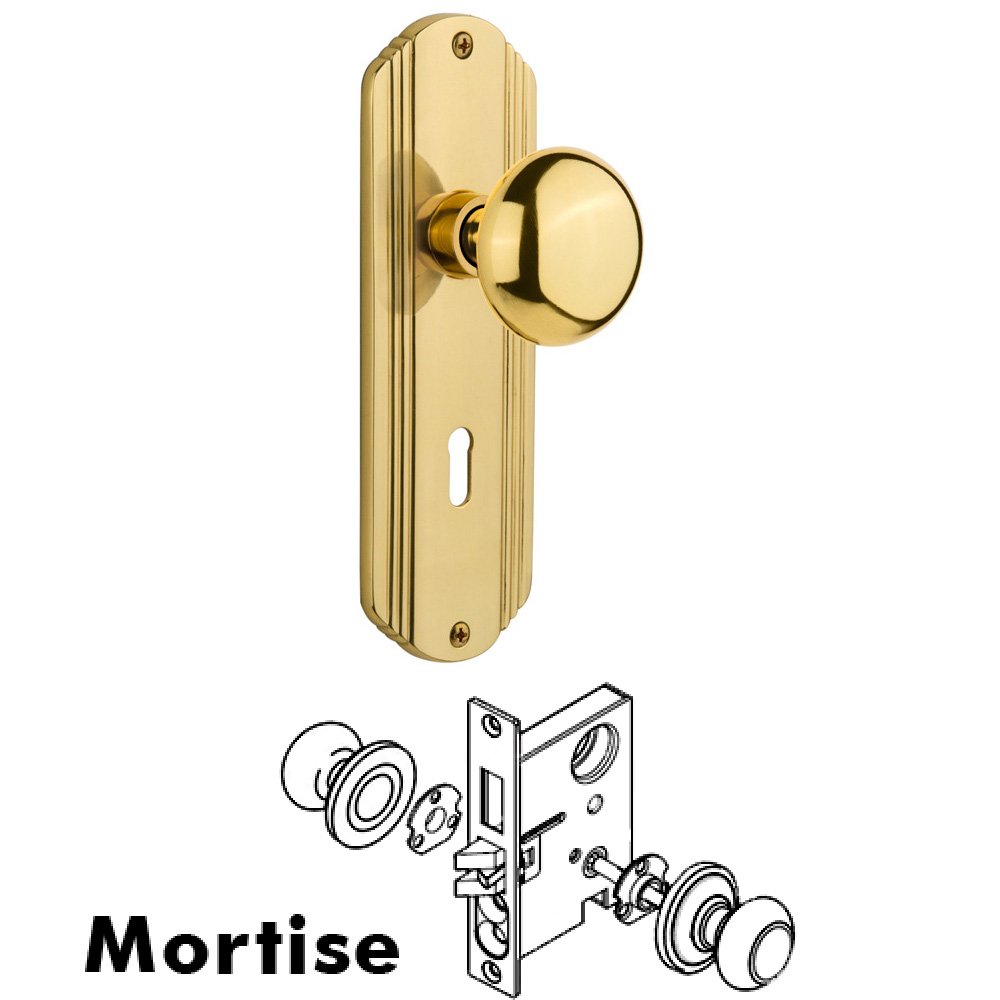 Complete Mortise Lockset - Deco Plate with New York Knob in Polished Brass