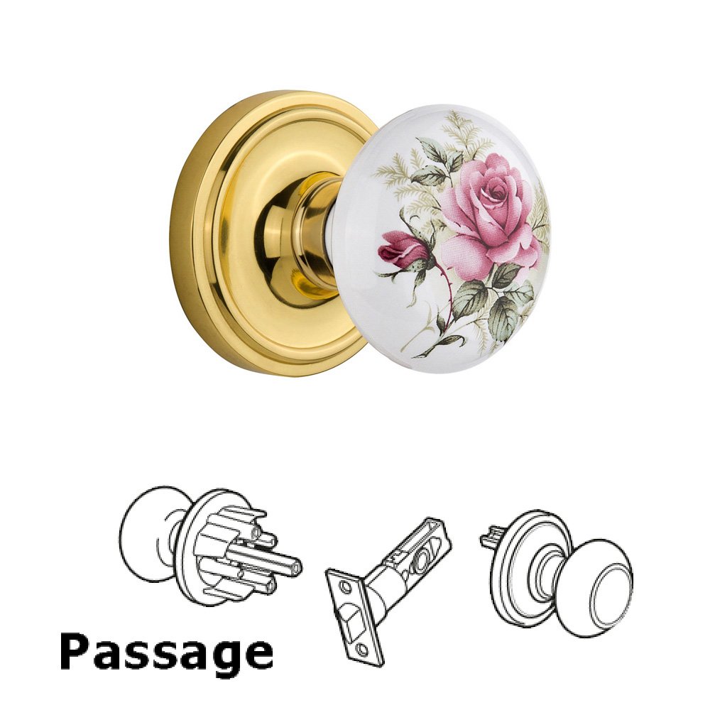 Complete Passage Set Without Keyhole - Classic Rosette with Rose Porcelain Knob in Unlacquered Brass