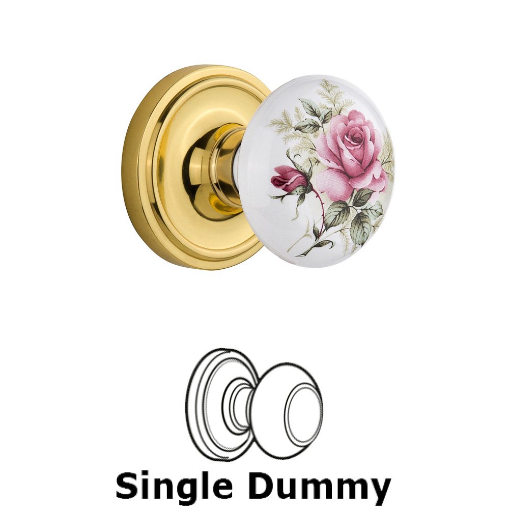 Single Dummy Classic Rosette with Rose Porcelain Knob in Unlacquered Brass