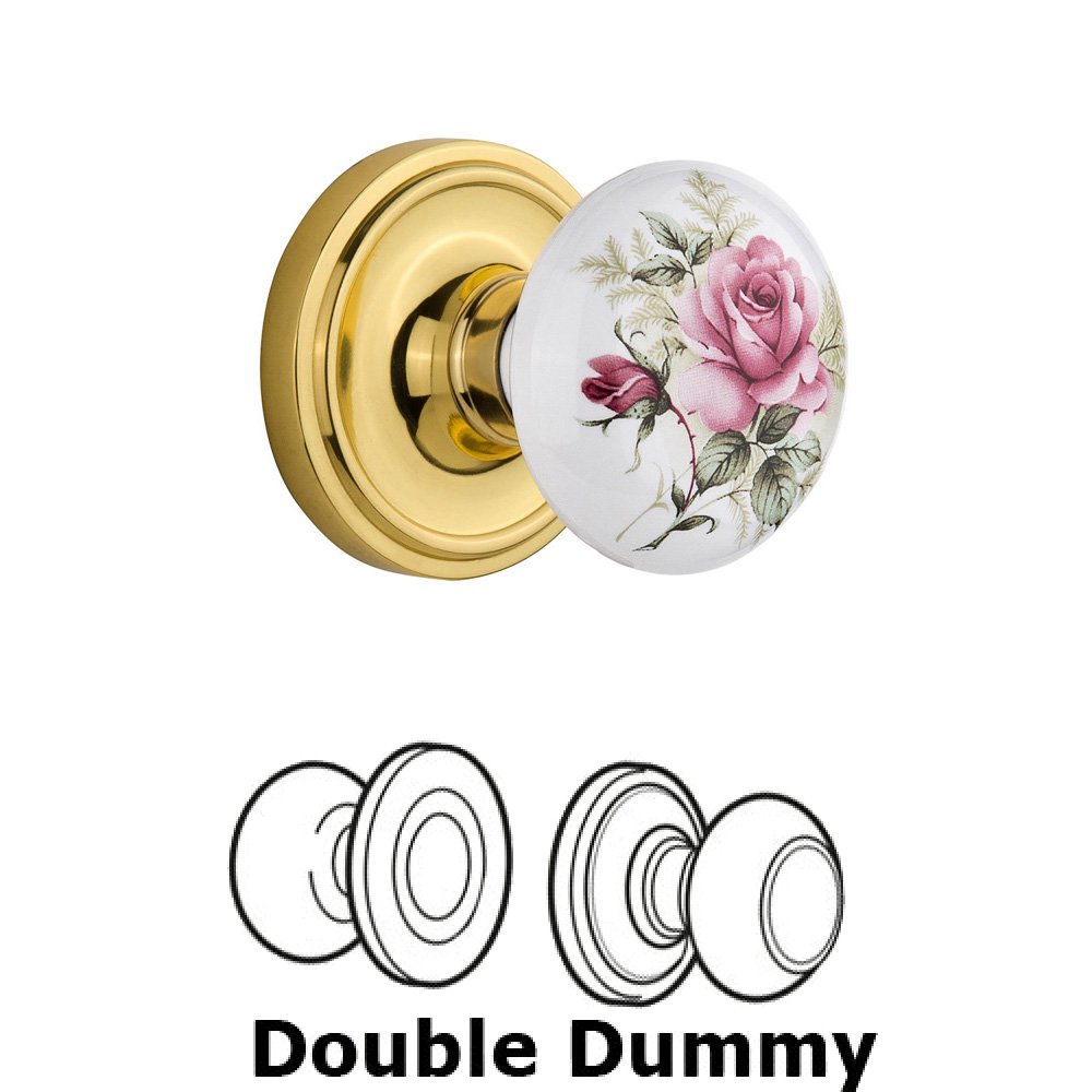Double Dummy Classic Rosette with Rose Porcelain Knob in Unlacquered Brass