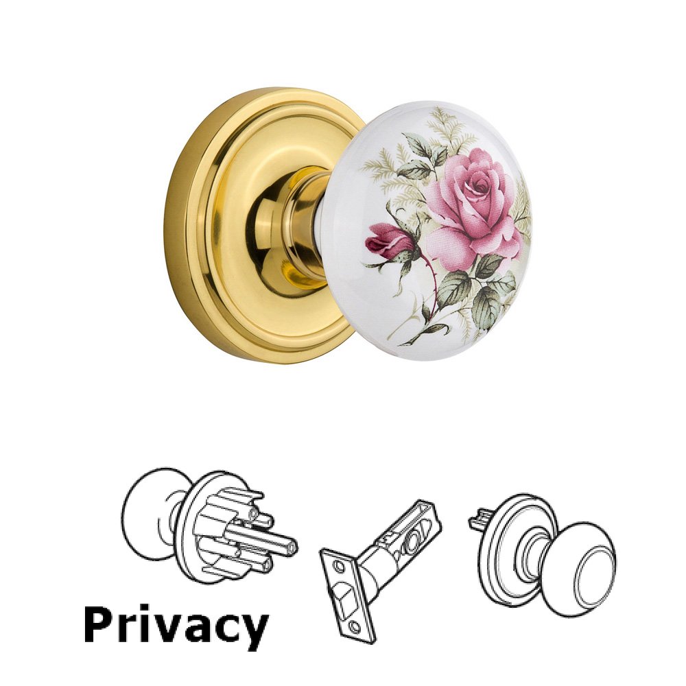 Complete Privacy Set Without Keyhole - Classic Rosette with Rose Porcelain Knob in Unlacquered Brass