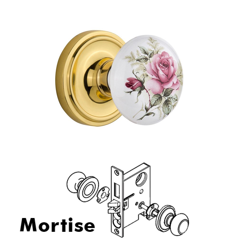 Complete Mortise Lockset - Classic Rosette with Rose Porcelain Knob in Unlacquered Brass