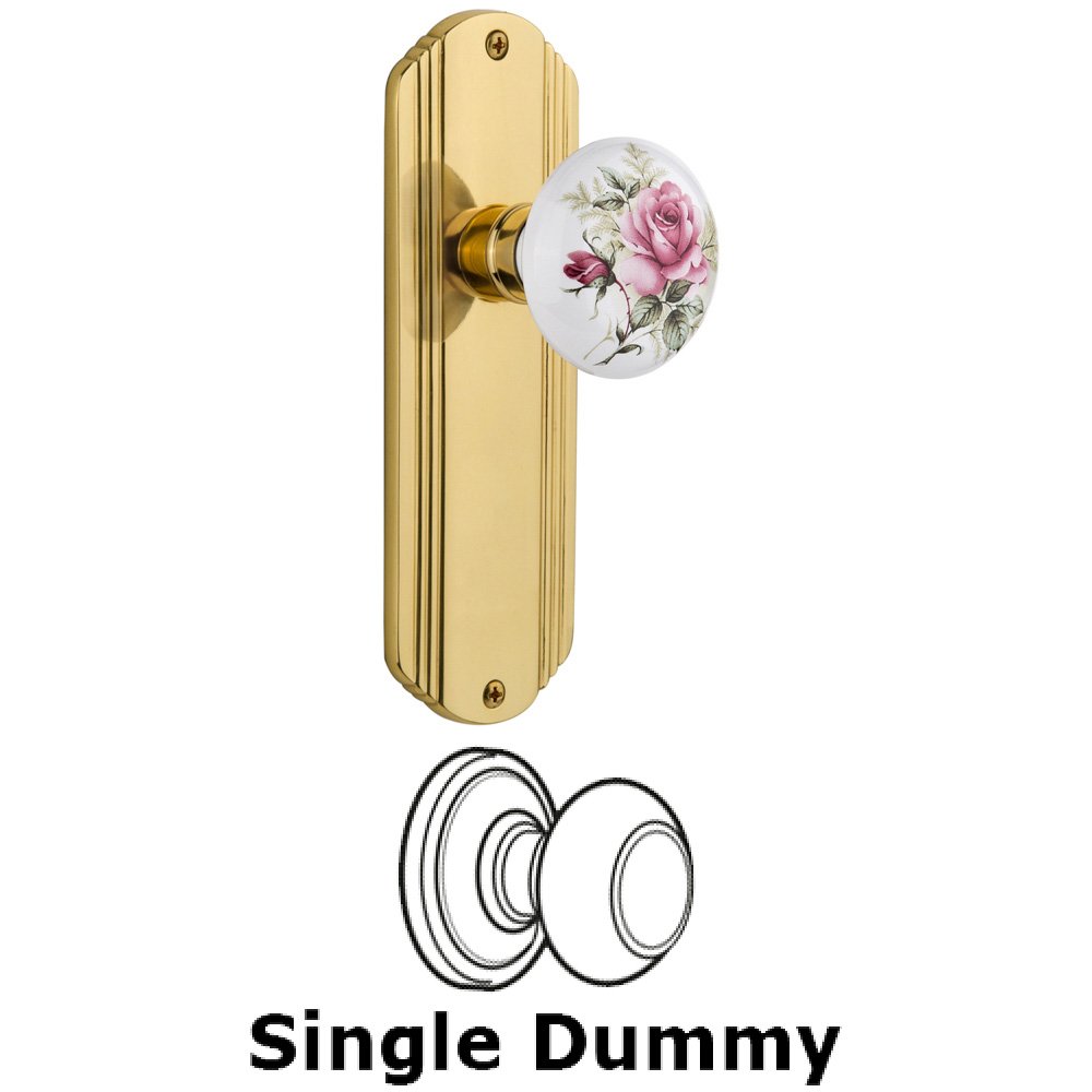 Single Dummy Knob Without Keyhole - Deco Plate with Rose Porcelain Knob in Unlacquered Brass