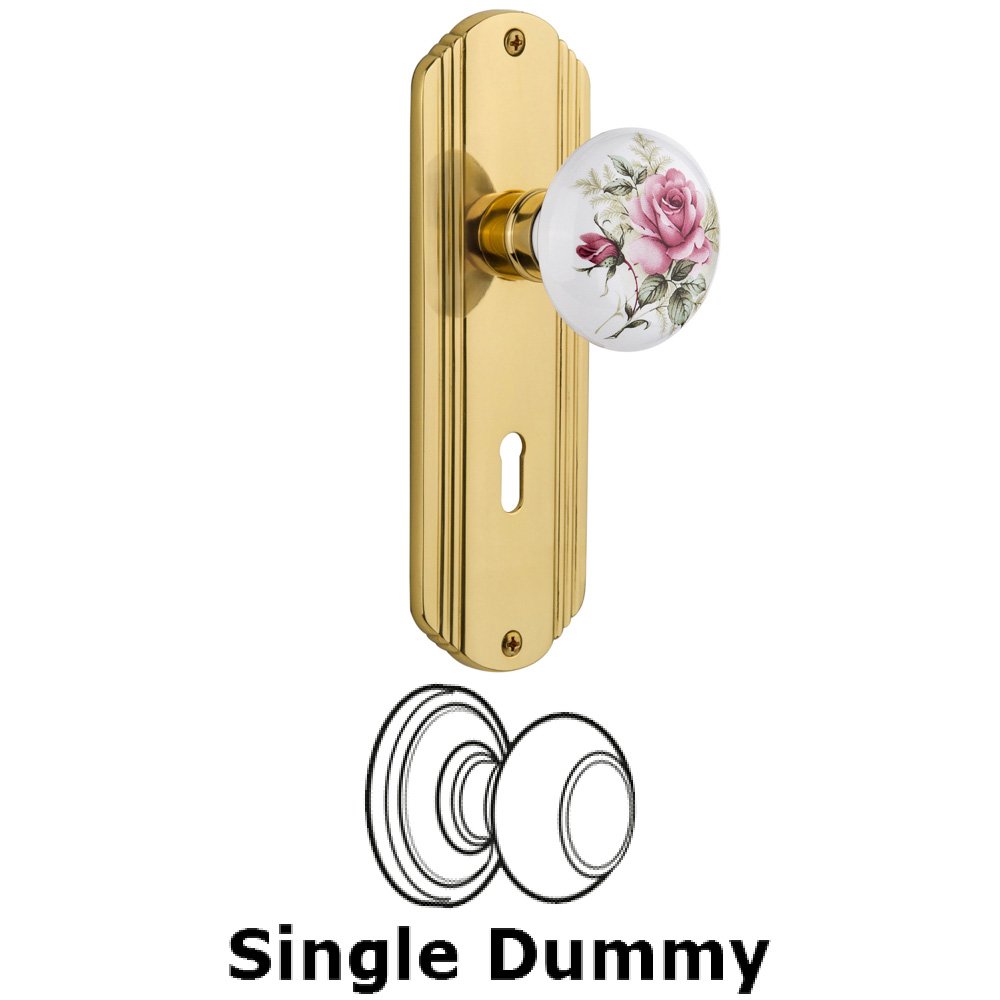 Single Dummy Knob With Keyhole - Deco Plate with Rose Porcelain Knob in Unlacquered Brass