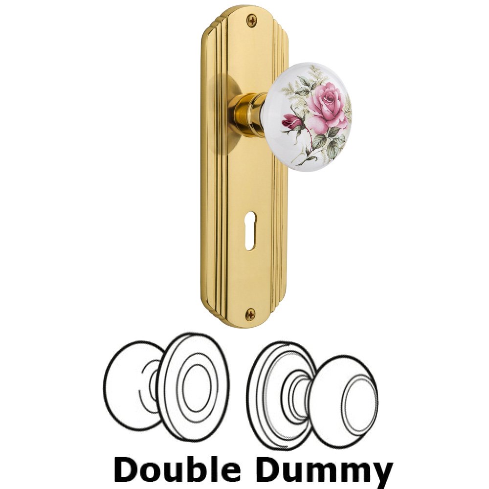 Double Dummy Set With Keyhole - Deco Plate with Rose Porcelain Knob in Unlacquered Brass