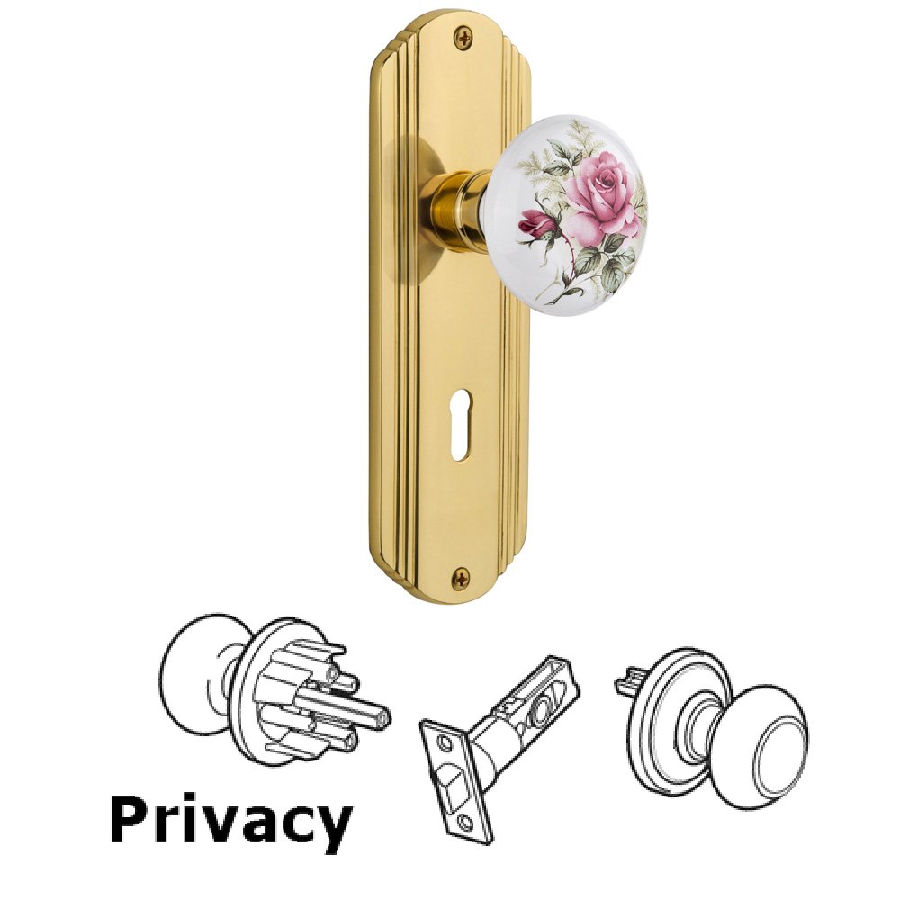 Complete Privacy Set With Keyhole - Deco Plate with Rose Porcelain Knob in Unlacquered Brass