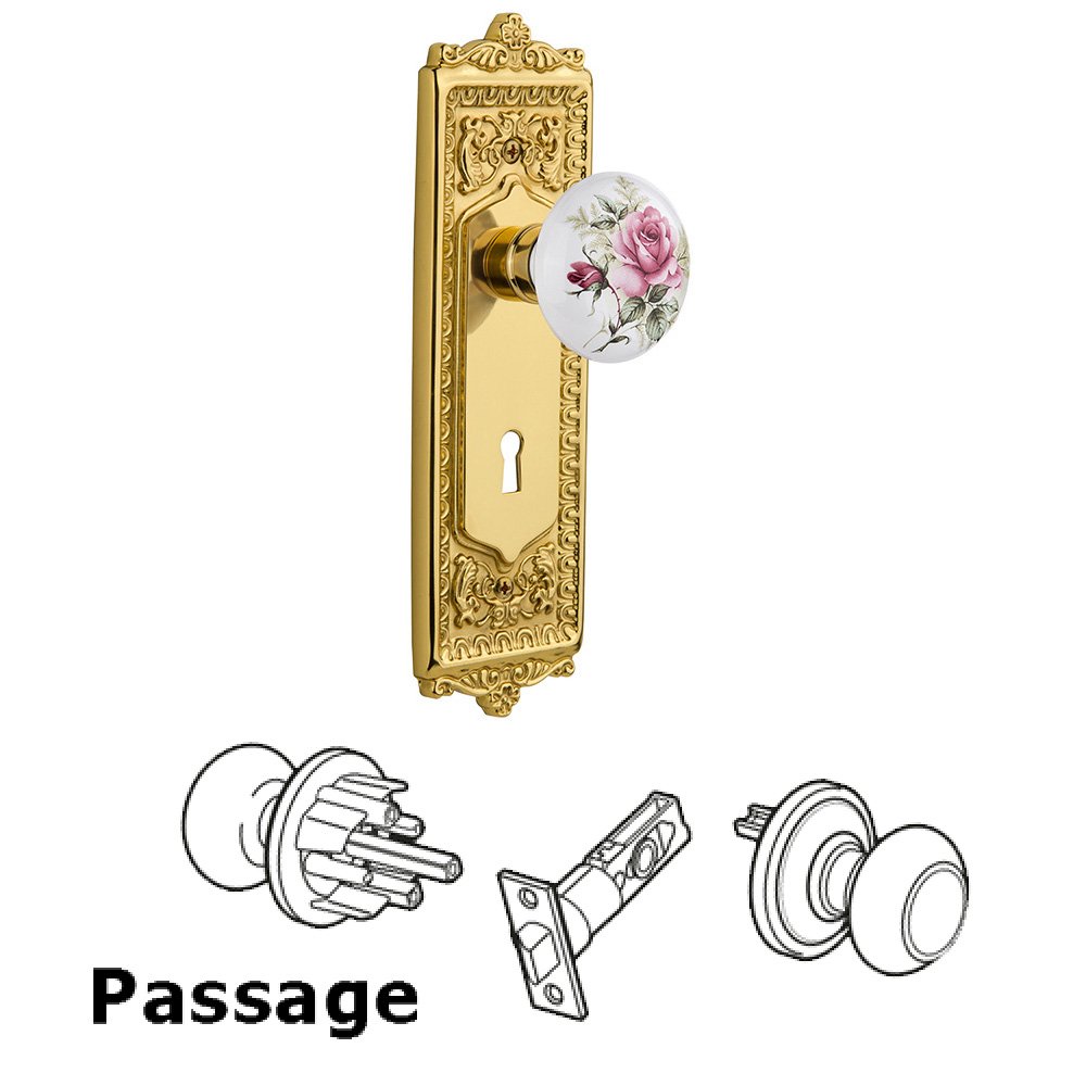 Passage Egg & Dart Plate with Keyhole and White Rose Porcelain Door Knob in Unlacquered Brass