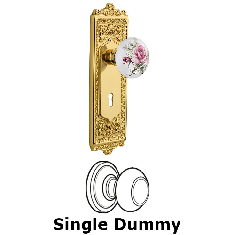 Single Dummy Knob With Keyhole - Egg & Dart Plate with Rose Porcelain Knob in Unlacquered Brass