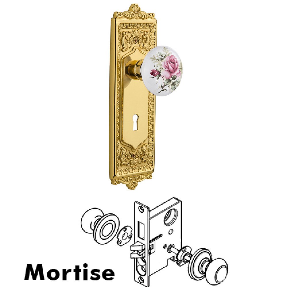 Complete Mortise Lockset - Egg & Dart Plate with Rose Porcelain Knob in Unlacquered Brass