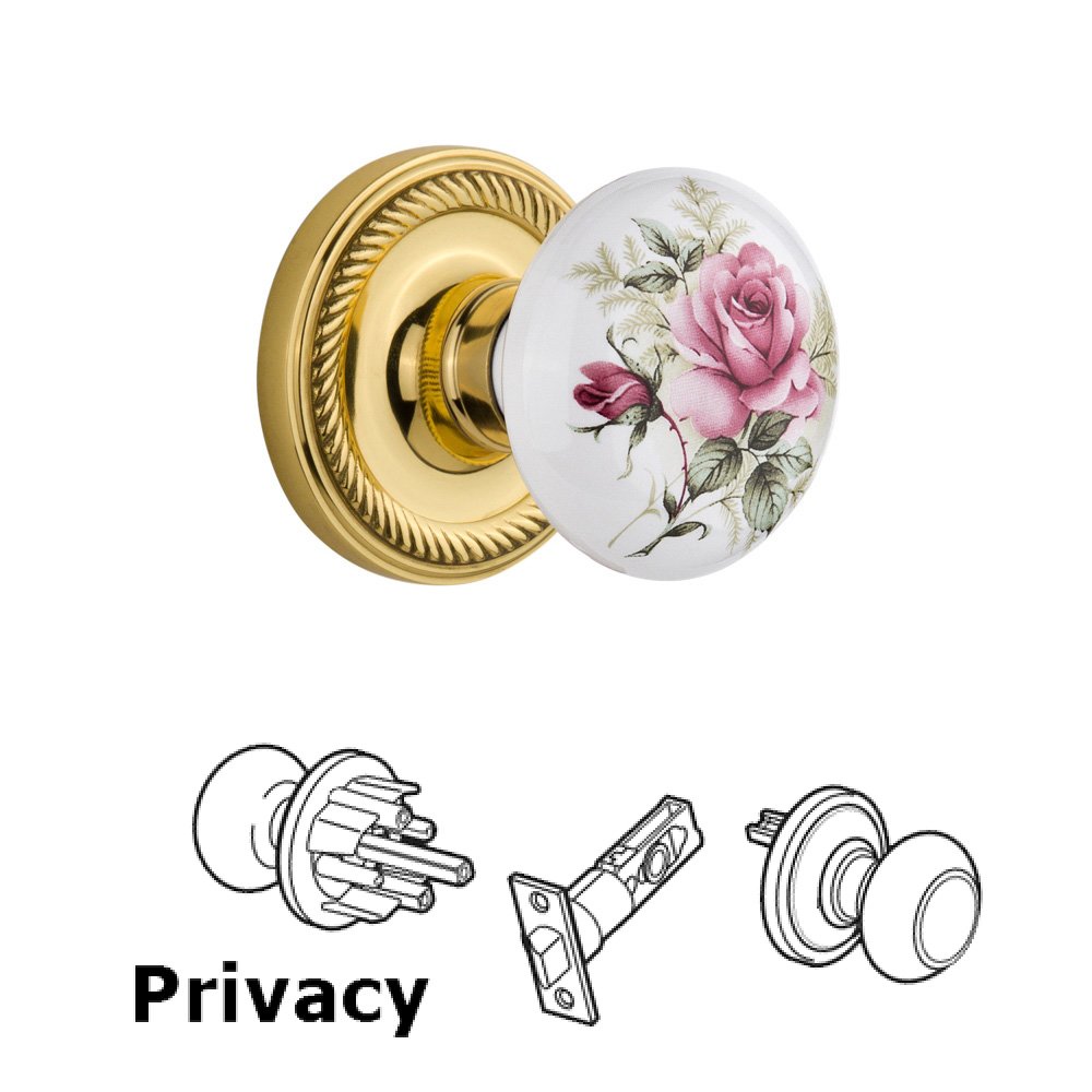 Complete Privacy Set - Rope Rosette with White Rose Porcelain Door Knob in Timeless Bronze