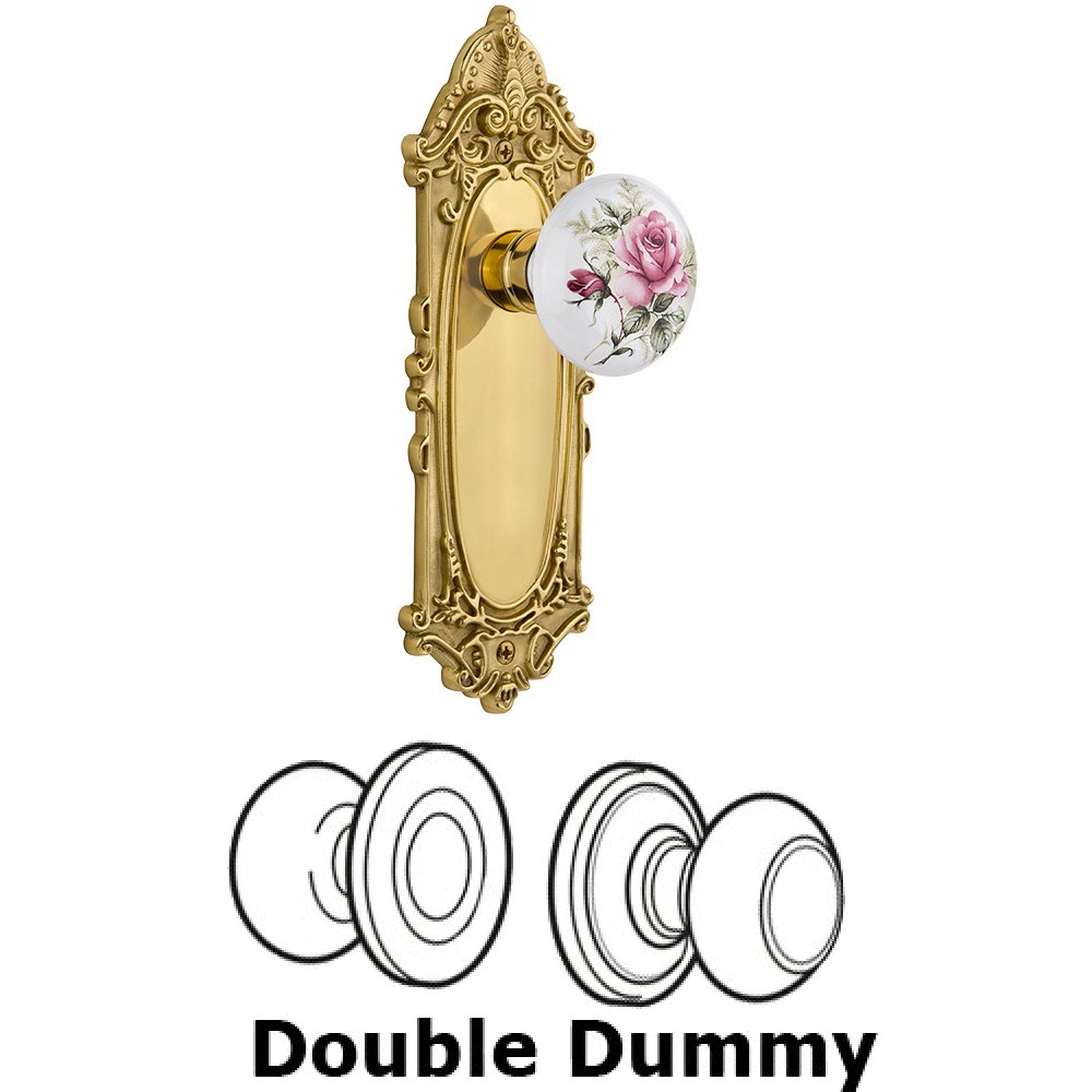 Double Dummy Set Without Keyhole - Victorian Plate with Rose Porcelain Knob in Unlacquered Brass