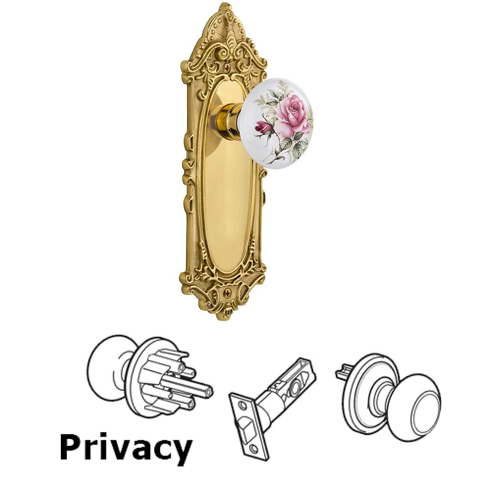 Complete Privacy Set Without Keyhole - Victorian Plate with Rose Porcelain Knob in Unlacquered Brass