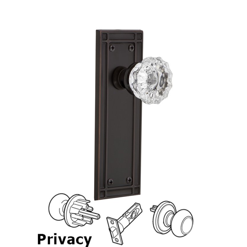 Complete Privacy Set - Mission Plate with Crystal Glass Door Knob in Timeless Bronze