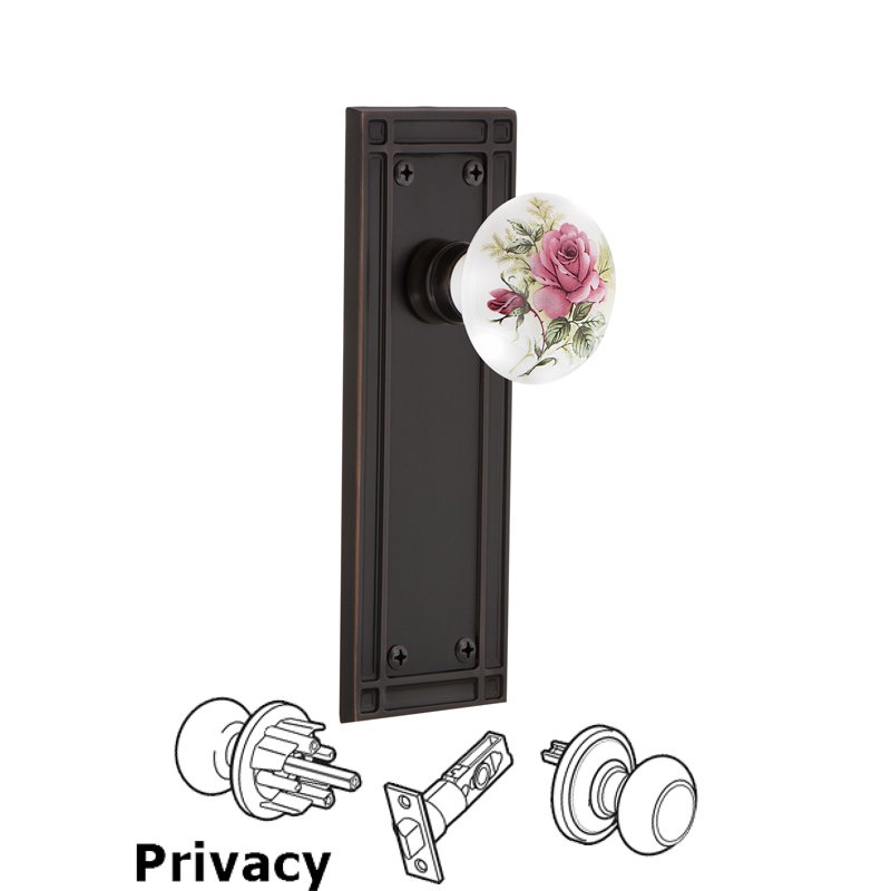 Complete Privacy Set - Mission Plate with White Rose Porcelain Door Knob in Timeless Bronze