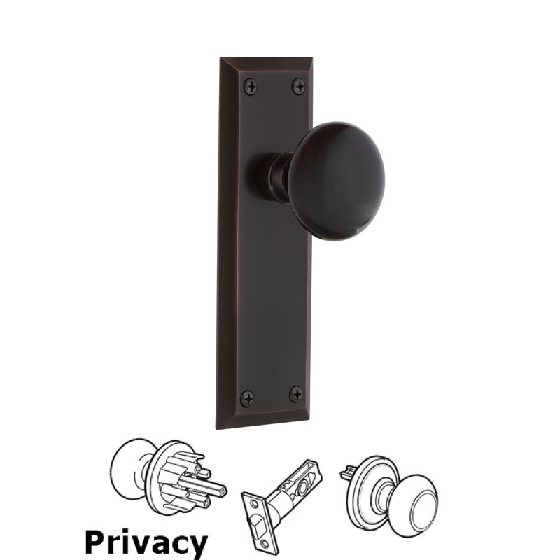 Complete Privacy Set - New York Plate with Black Porcelain Door Knob in Timeless Bronze