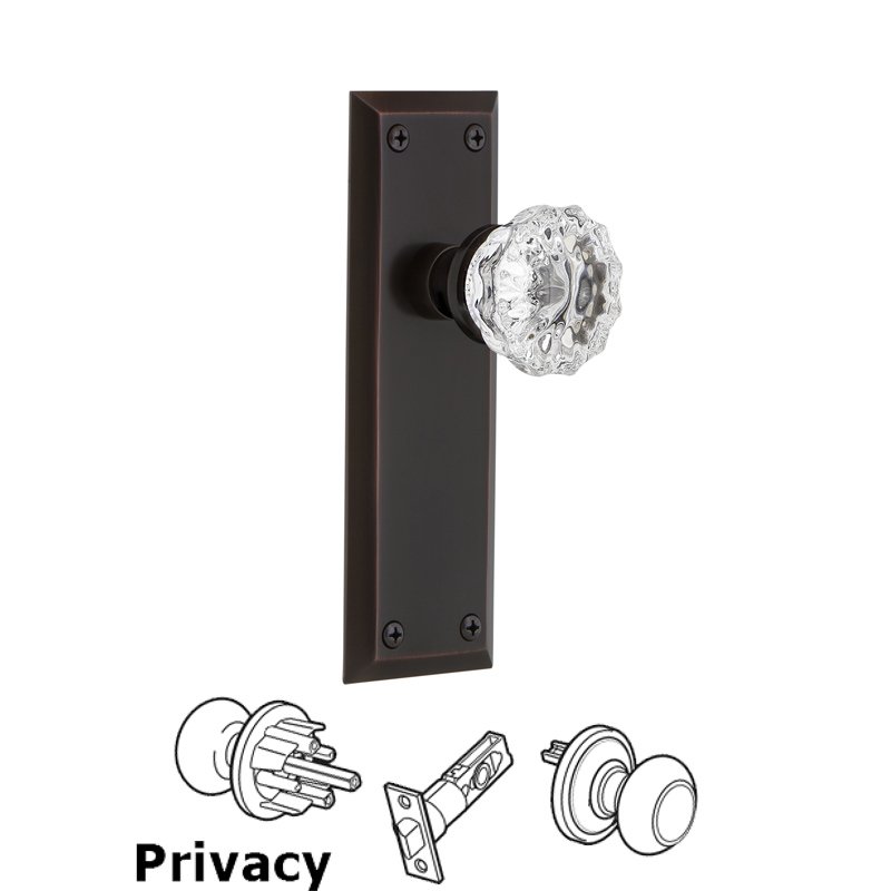 Complete Privacy Set - New York Plate with Crystal Glass Door Knob in Timeless Bronze