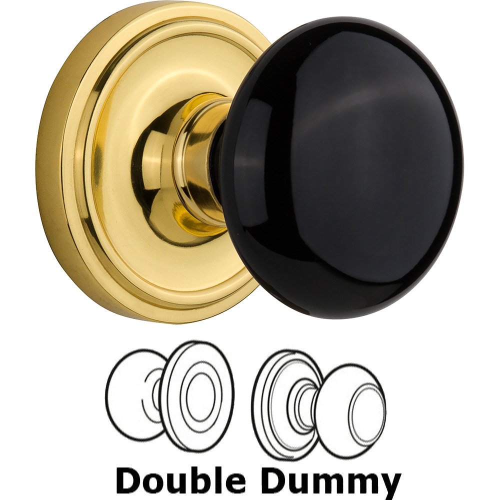 Double Dummy Classic Rosette with Black Porcelain Knob in Unlacquered Brass