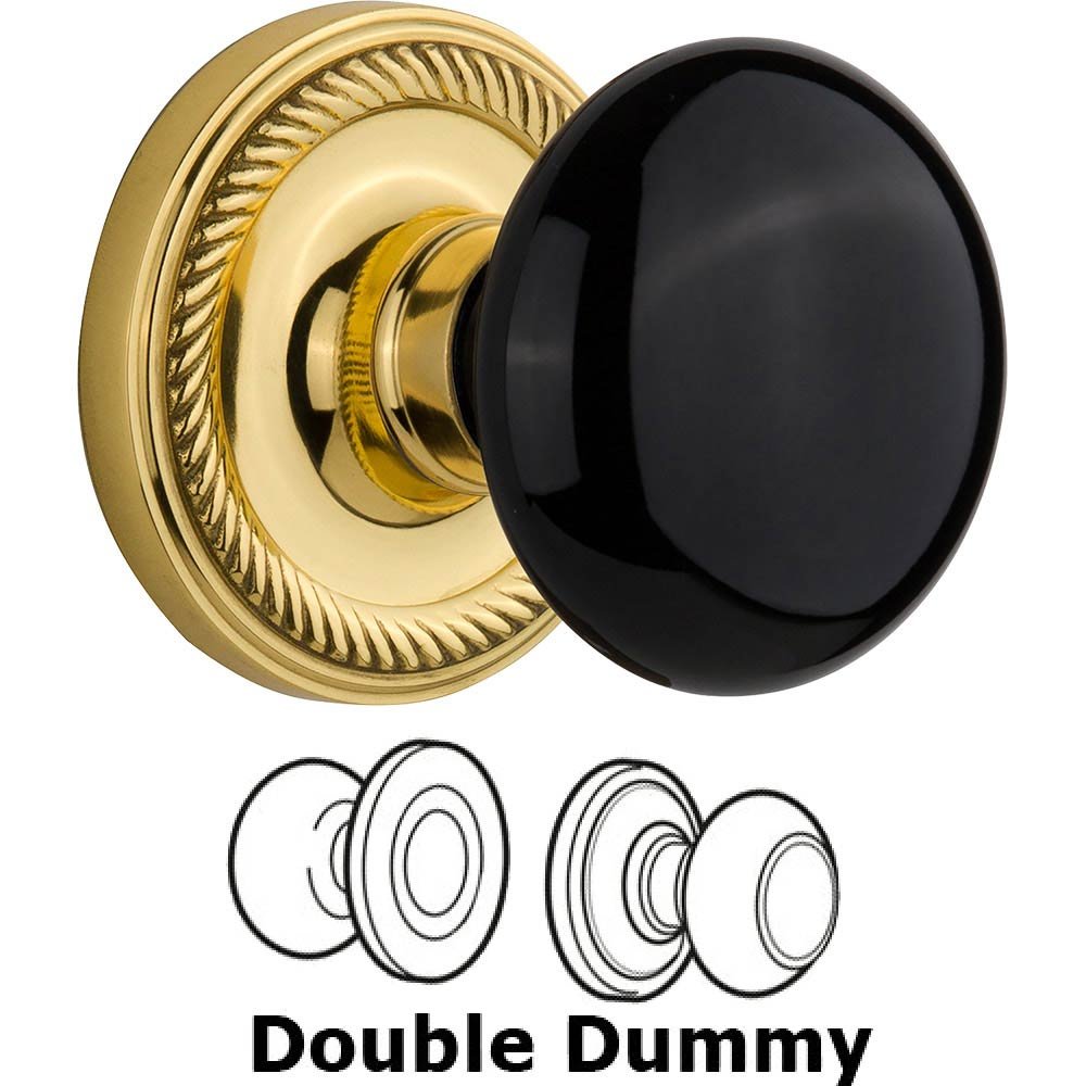 Double Dummy Rope Rosette with Black Porcelain Knob in Unlacquered Brass