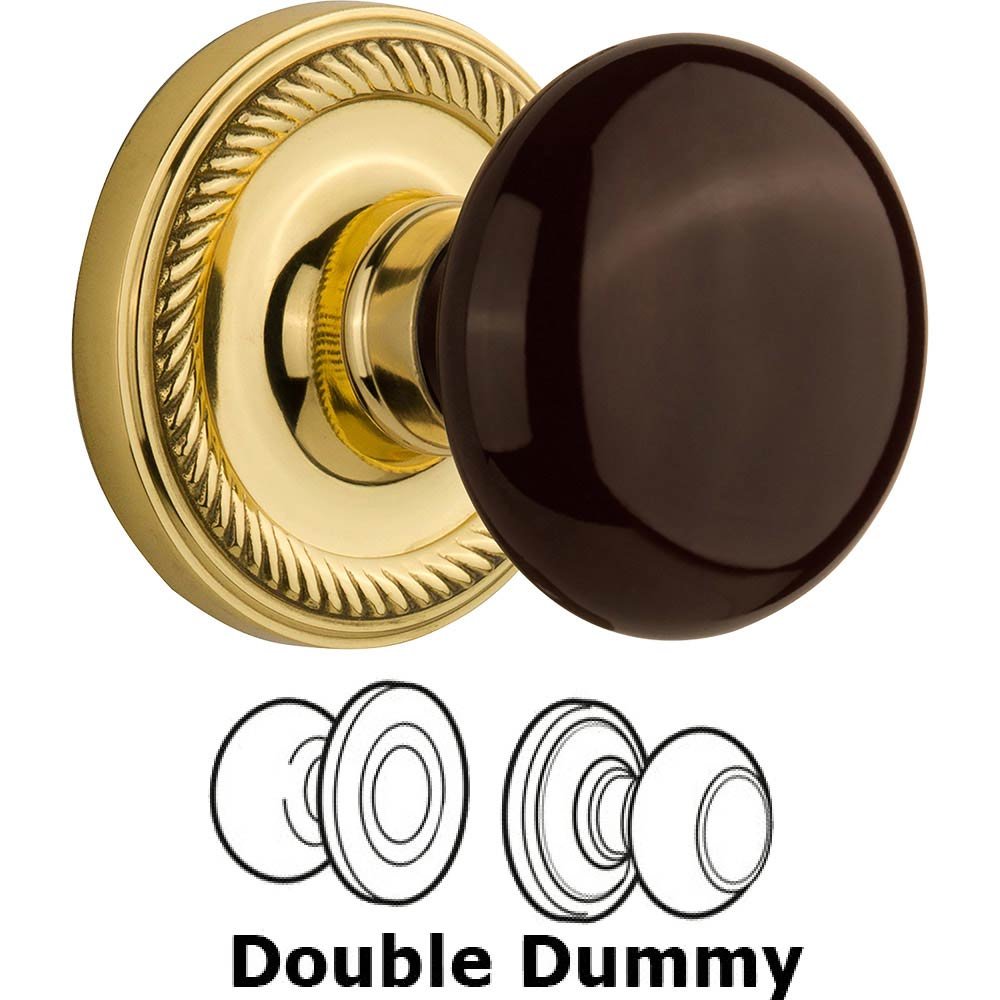 Double Dummy Rope Rosette with Brown Porcelain Knob in Unlacquered Brass