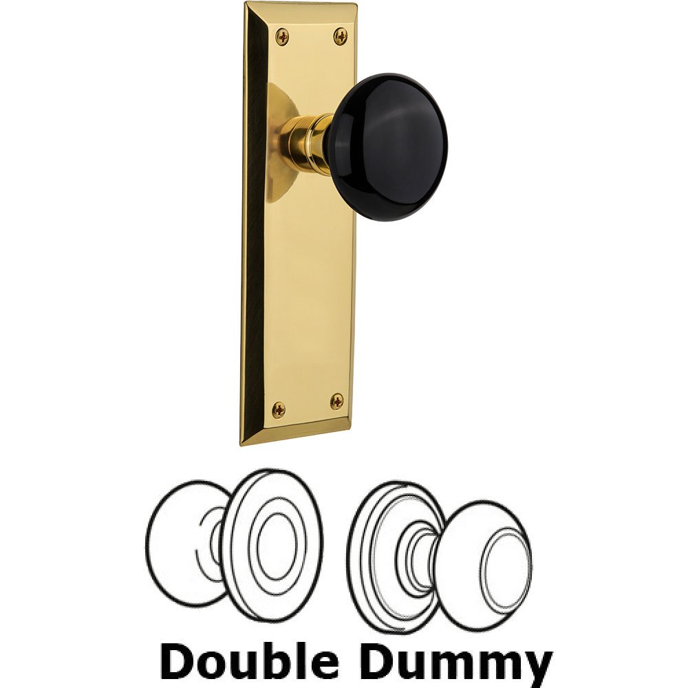 Double Dummy New York Plate with Black Porcelain Knob in Unlacquered Brass