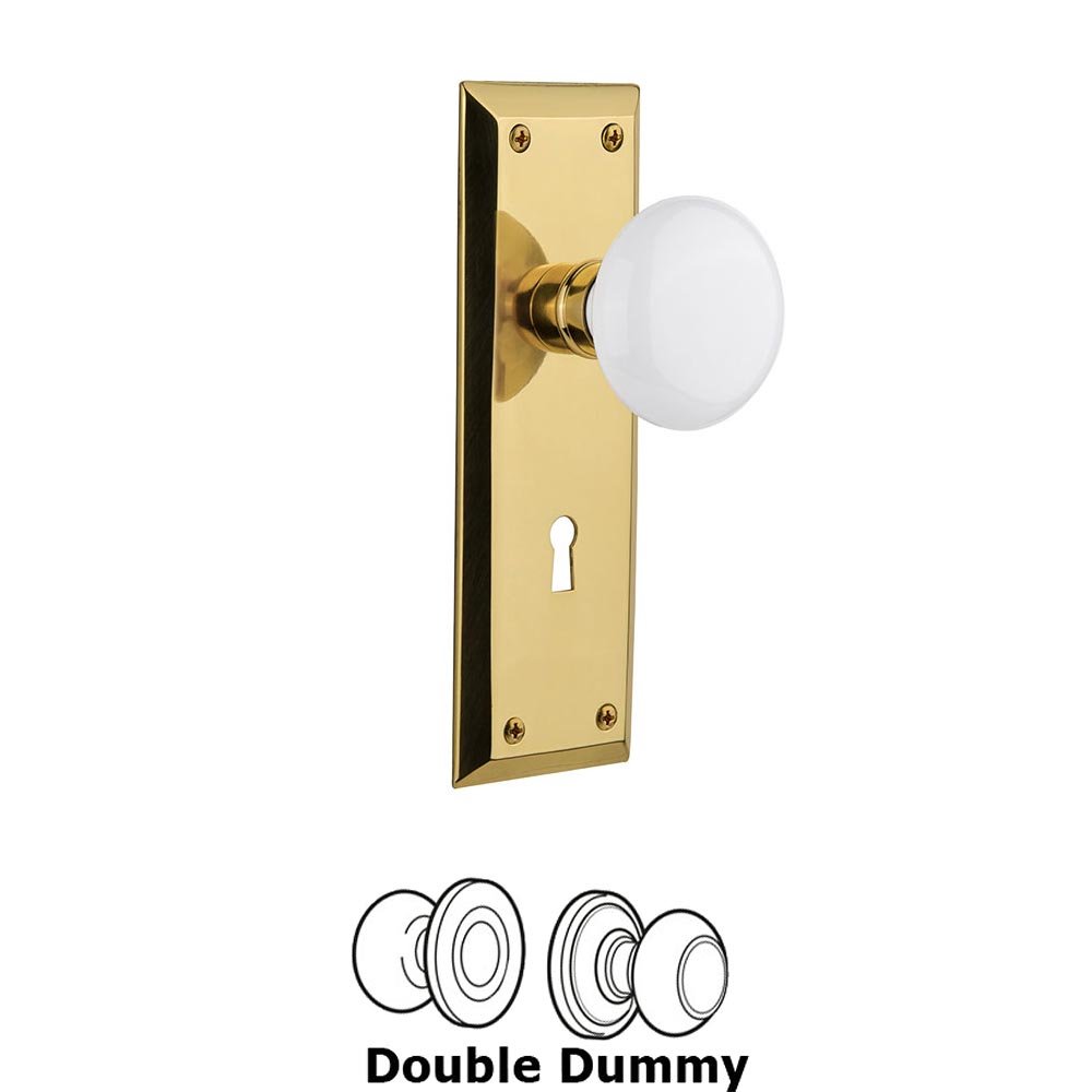 Double Dummy New York Plate with White Porcelain Knob and Keyhole in Unlacquered Brass