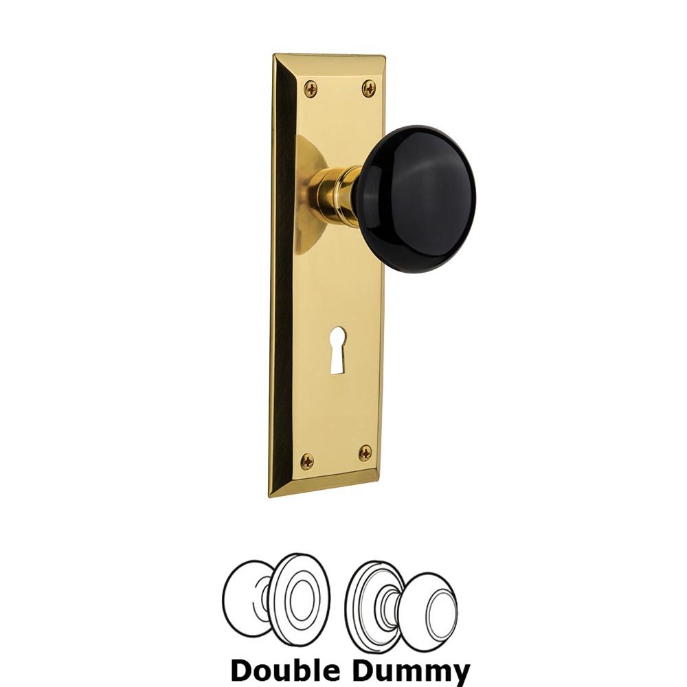 Double Dummy New York Plate with Black Porcelain Knob and Keyhole in Unlacquered Brass