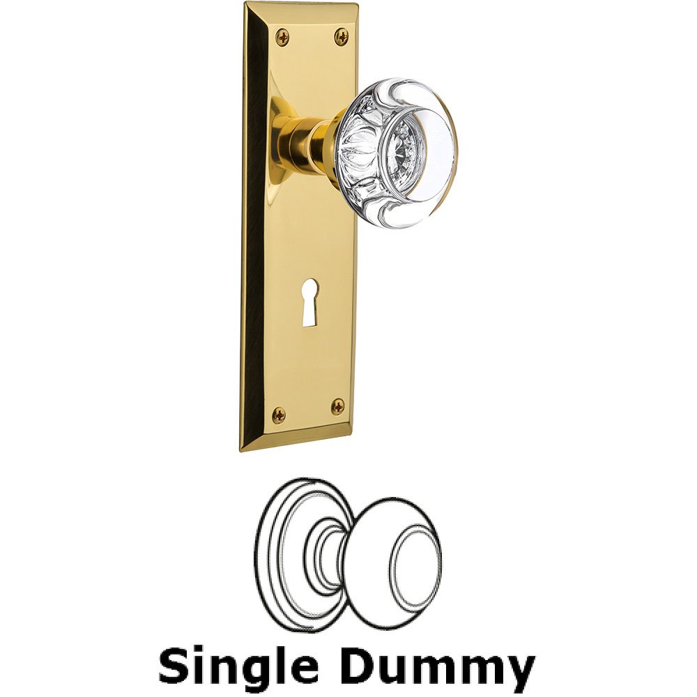 Single Dummy New York Plate with Round Clear Crystal Knob and Keyhole in Unlacquered Brass