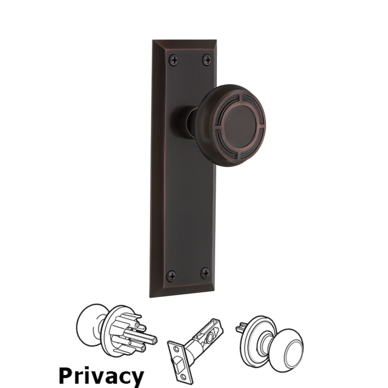 Complete Privacy Set - New York Plate with Mission Door Knob in Timeless Bronze