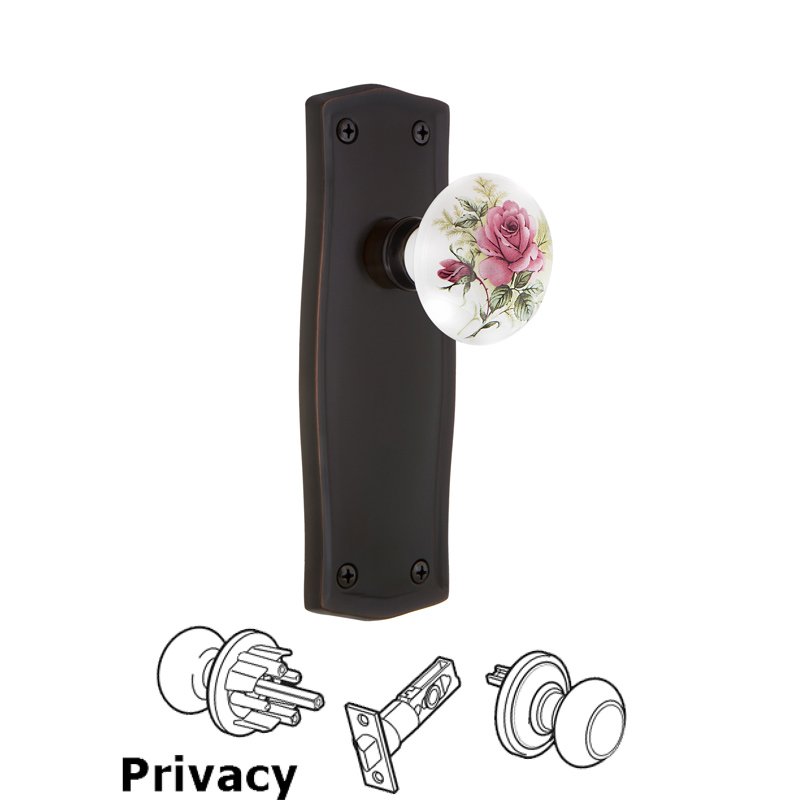 Complete Privacy Set - Prairie Plate with White Rose Porcelain Door Knob in Timeless Bronze
