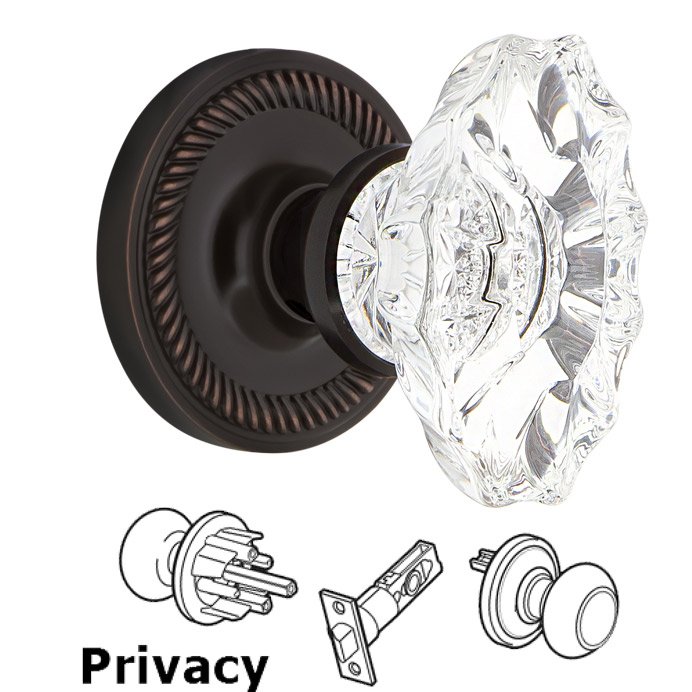 Complete Privacy Set Without Keyhole - Rope Rosette with Chateau Crystal Knob in Unlacquered Brass