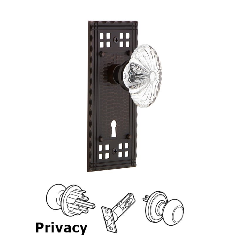 Complete Privacy Set with Keyhole - Craftsman Plate with Oval Fluted Crystal Glass Door Knob in Timeless Bronze