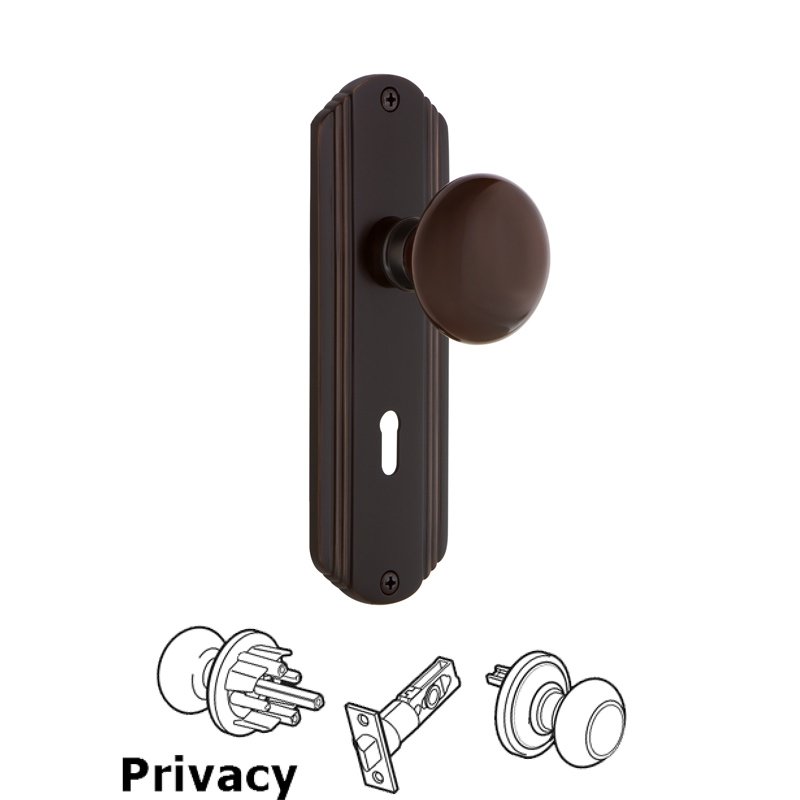 Privacy Deco Plate with Keyhole and Brown Porcelain Door Knob in Timeless Bronze