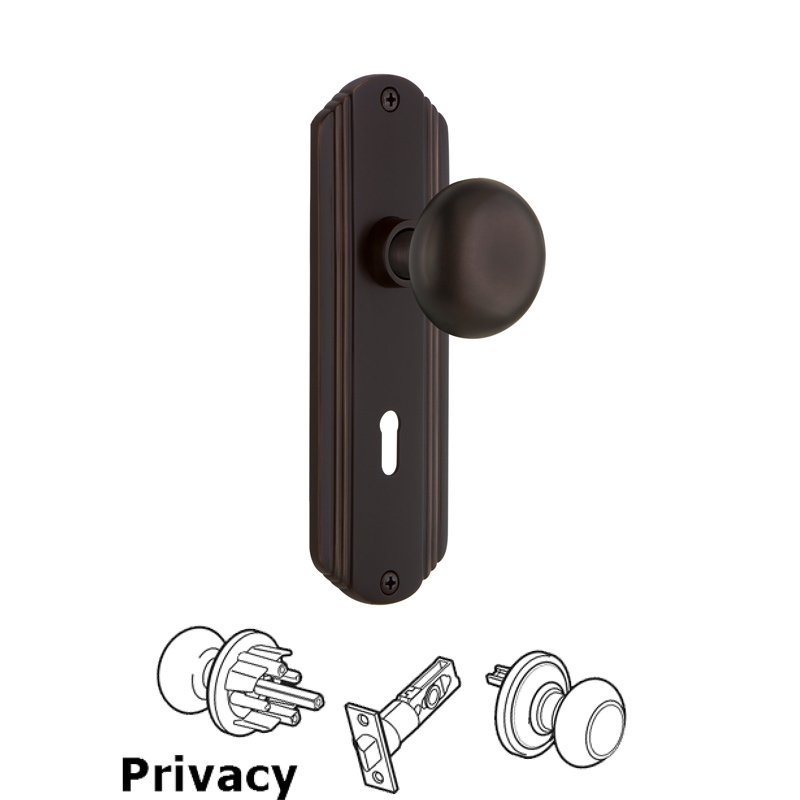 Complete Privacy Set with Keyhole - Deco Plate with New York Door Knobs in Timeless Bronze