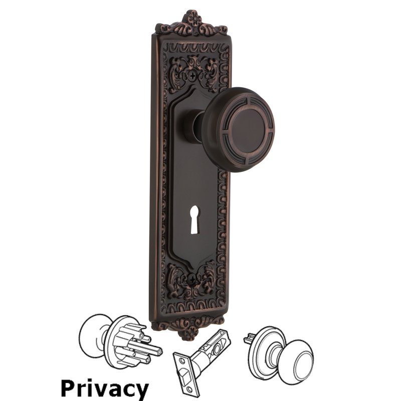 Complete Privacy Set with Keyhole - Egg & Dart Plate with Mission Door Knob in Timeless Bronze