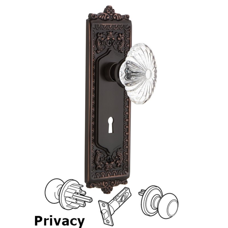 Complete Privacy Set with Keyhole - Egg & Dart Plate with Oval Fluted Crystal Glass Door Knob in Timeless Bronze
