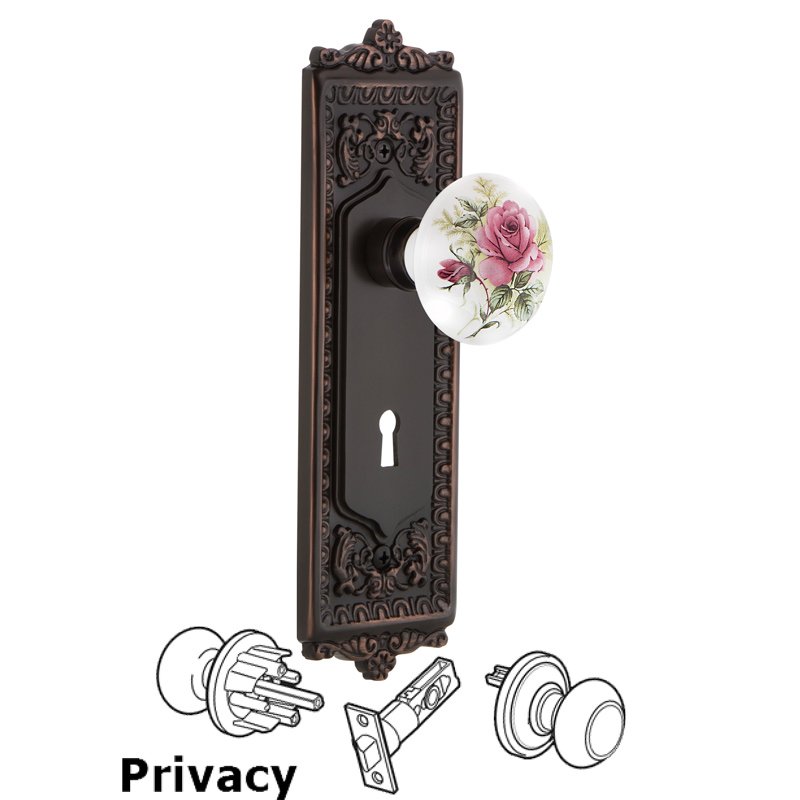 Complete Privacy Set with Keyhole - Egg & Dart Plate with White Rose Porcelain Door Knob in Timeless Bronze