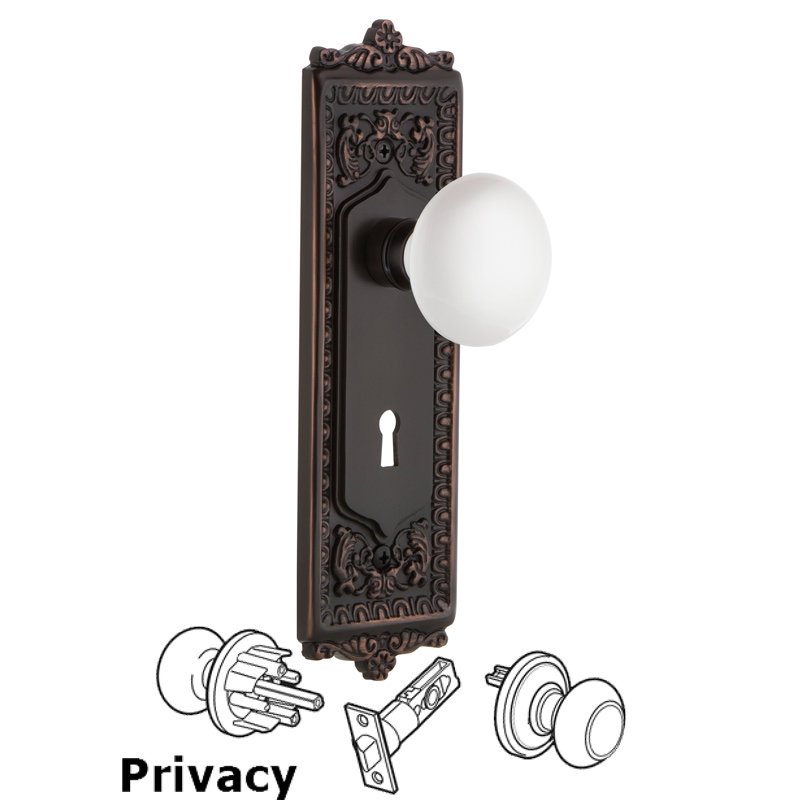 Complete Privacy Set with Keyhole - Egg & Dart Plate with White Porcelain Door Knob in Timeless Bronze