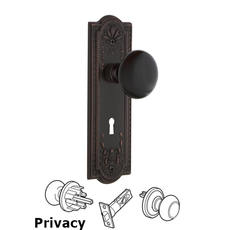 Complete Privacy Set with Keyhole - Meadows Plate with Black Porcelain Door Knob in Timeless Bronze