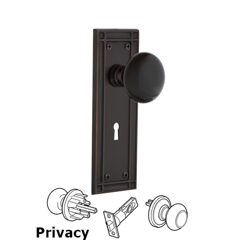 Privacy Mission Plate with Keyhole and Black Porcelain Door Knob in Timeless Bronze