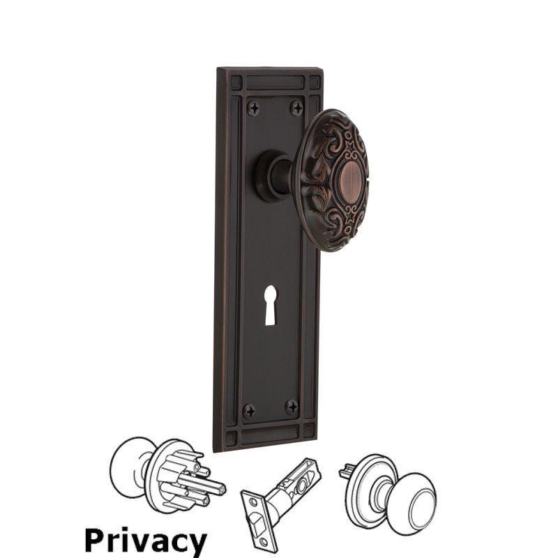 Complete Privacy Set with Keyhole - Mission Plate with Victorian Door Knob in Timeless Bronze