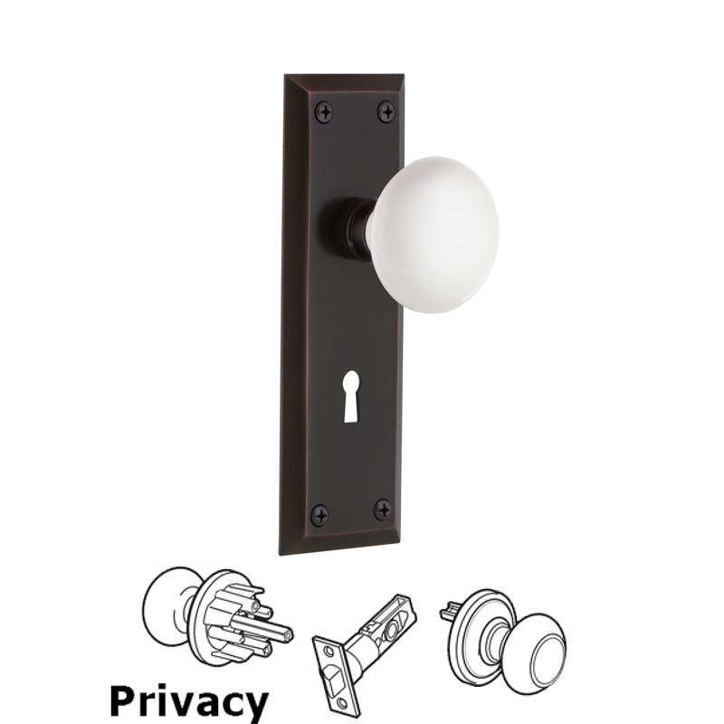 Complete Privacy Set with Keyhole - New York Plate with White Porcelain Door Knob in Timeless Bronze