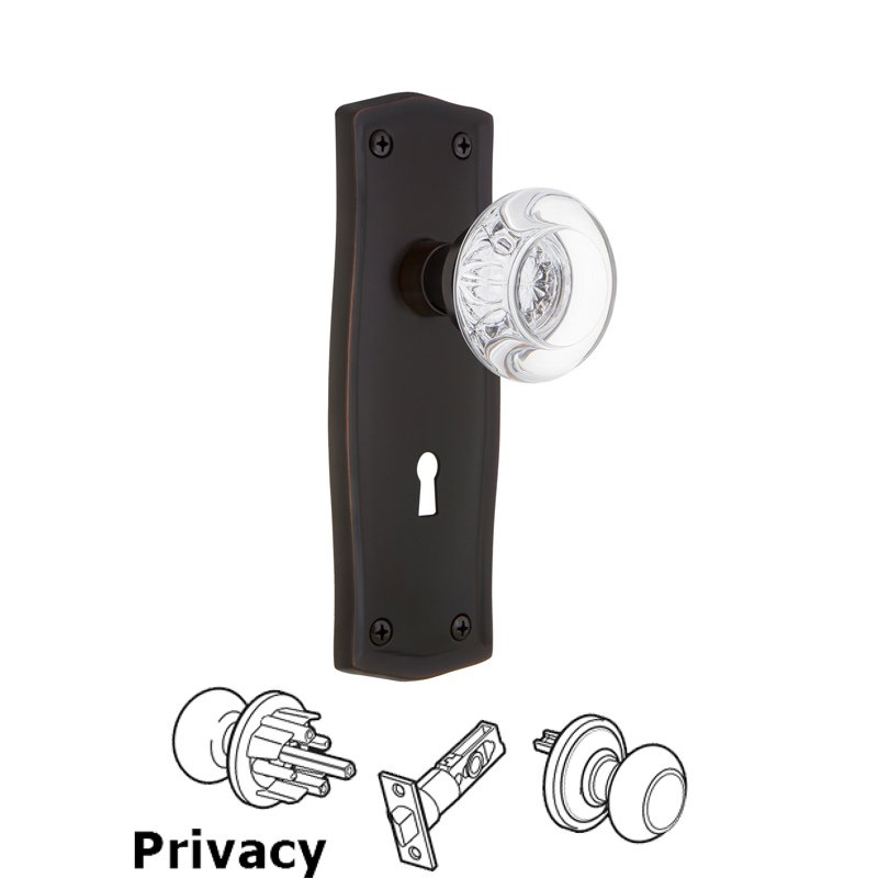 Complete Privacy Set with Keyhole - Prairie Plate with Round Clear Crystal Glass Door Knob in Timeless Bronze